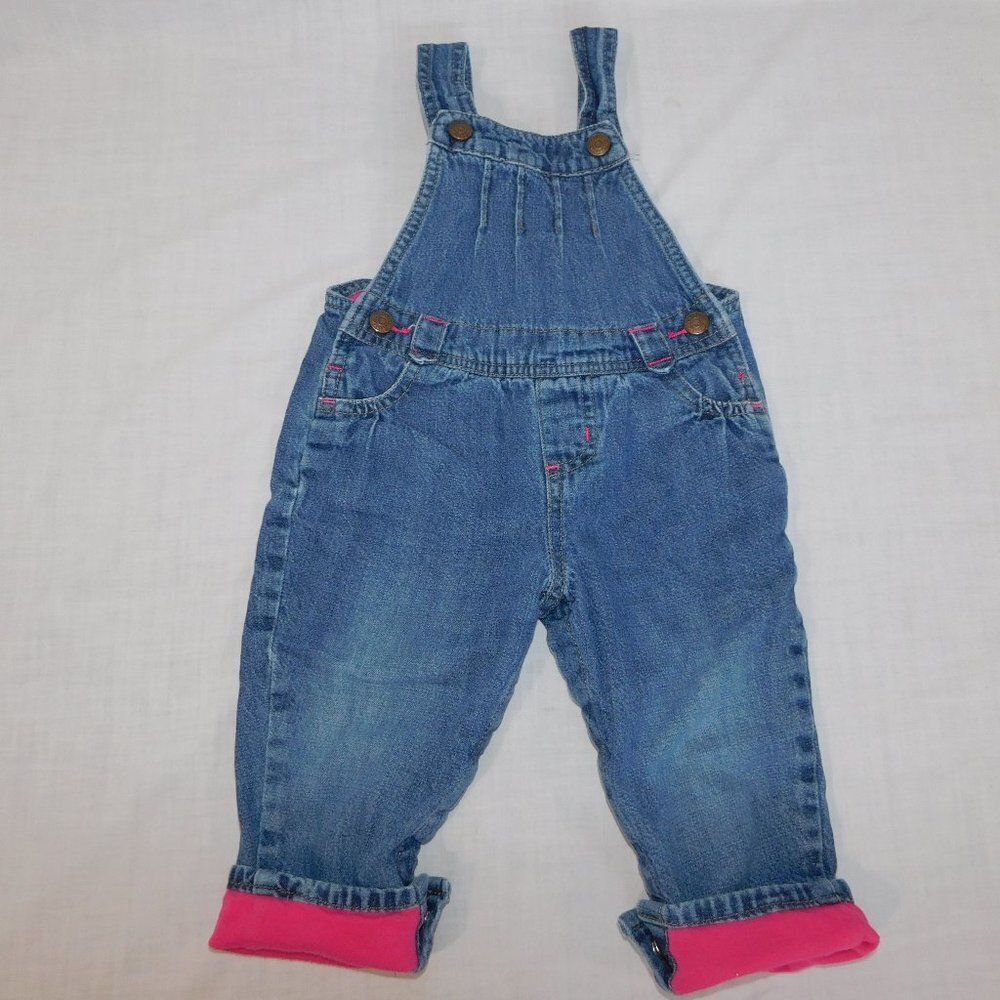 Oshkosh B'gosh Baby Girl Pink Jersey Lined Blue Bib Overalls 9 Months